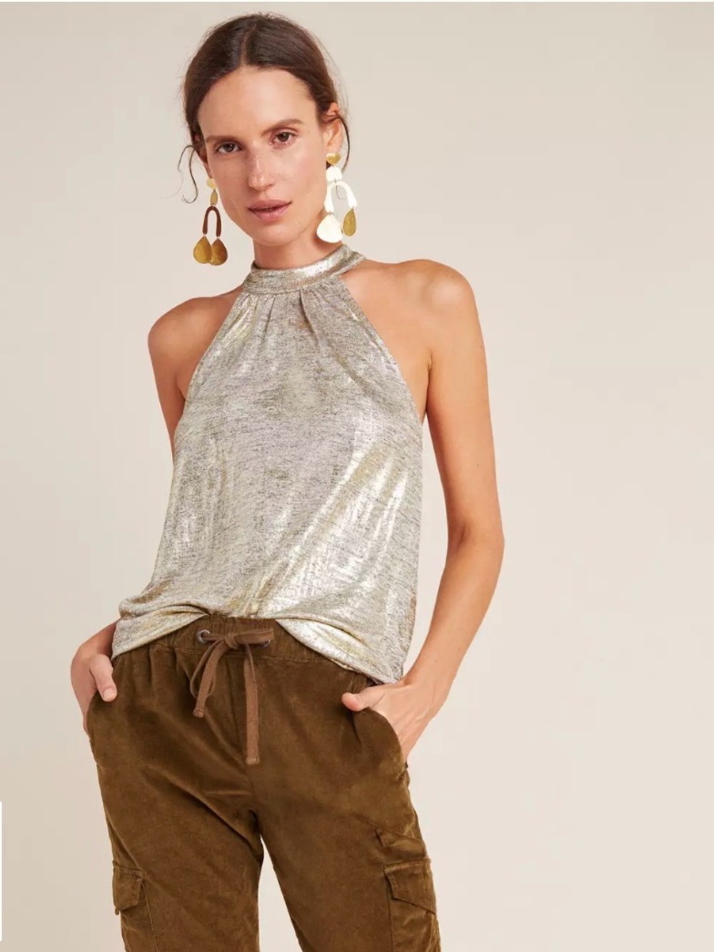 Anthropologie Shimmer Gold Halter Top